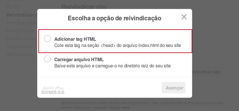 Reivindicando site no Pinterest. Adicionar TAG HTML.