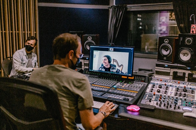 Behind-the-scenes production session of 'Prove Me Wrong'. Mr. Blitz with TSO harp in the background. Photo by Adrienne Elkerton