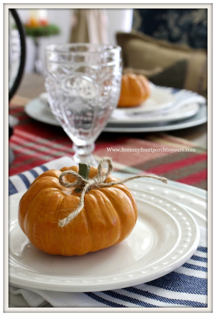French Farmhouse Style Fall Dining Room-Table Setting with Pumpkins-From My Front Porch To Yours