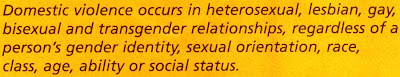 Domestic violence occurs in heterosexual, lesbian, gay, bisexual and transgender relationships, regardless of a person's gender identity, sexual orientation, race, class, age, ability or social status. No, really.