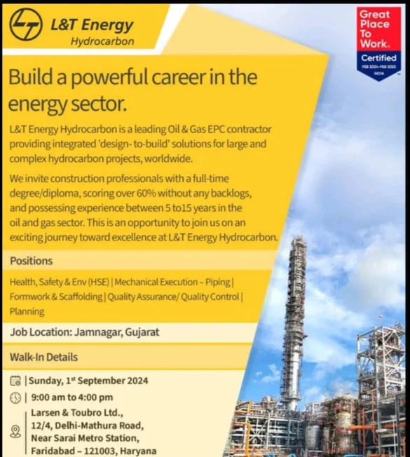 L&T Energy Walk-In Interview for Construction Professionals at Faridabad: Sunday, 1st September 2024