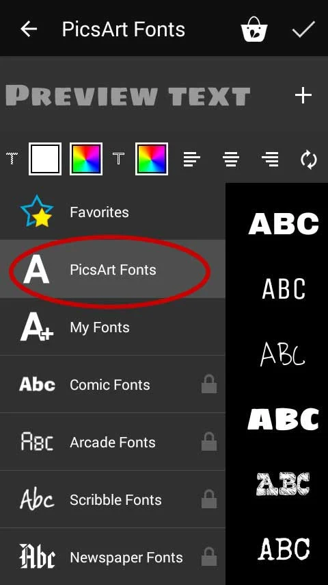 Pilih menu PicsArt Fonts