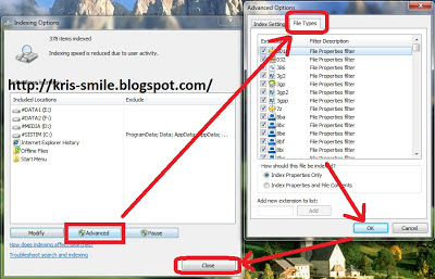 Mengoptimalkan windows search INDEXING OPTIONS