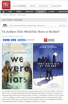 screen shot of Publishers Weekly article "YA Authors Talk #BookTok: Boon or Burden?" with the cover images for We Were Liars and They Both Die at the End