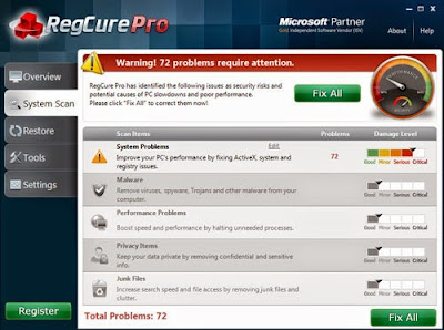 the screenshot of scan result of RegCure Pro