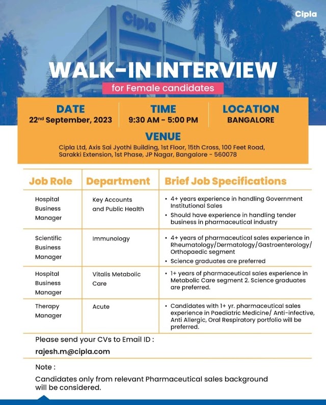 Cipla Limited | Walk-in interview at Bengaluru for Women business managers on 22nd Sep 2023