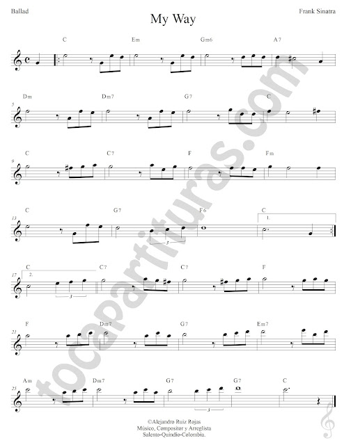 My Way de Frank Sinatra Partitura Clave de Sol con Acordes Sheet Music for Treble Clef & Chords