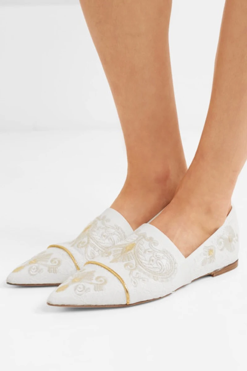 Etro Lace-Paneled Embroidered Leather Point-Toe Flats