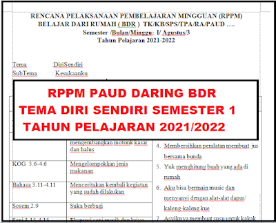 RPPM PAUD Daring BDR Tema Diri Sendiri Semester 1 Tahun Pelajaran 2021/2022