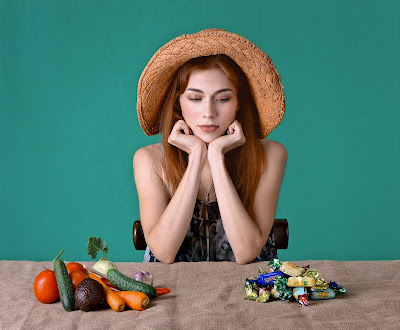 a woman looking at food