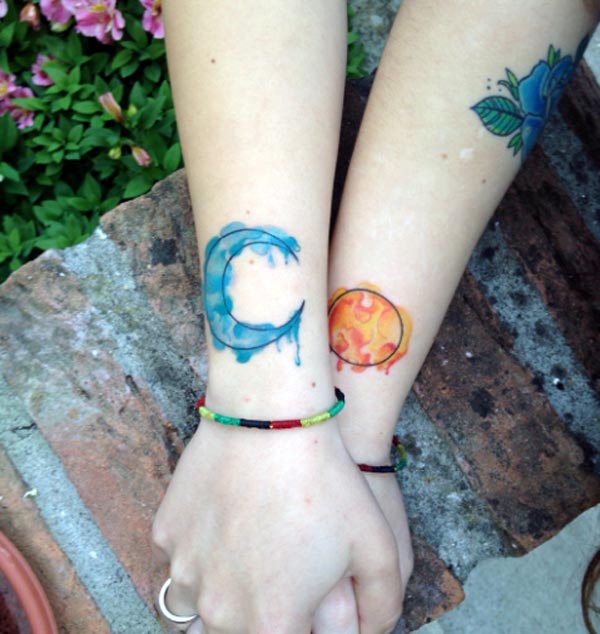 best friend tattoos, ideal Sun and moon watercolor blue red yellow black linework tattoo designs