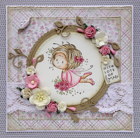 Pink, floral, girly card featuring a cute fairy (image by Wee Stamps)