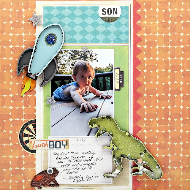 Tough Boy Scrapbook Layout Created with the Crate Paper Toy Box Collection Kit and Chipboard Shaker Designs from Creative Embellishments