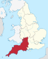 Outline map of the UK detailing South West England