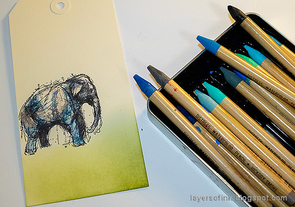 Layers of ink - Elephant Tag Tutorial by Anna-Karin Evaldsson. Color with Distress Watercolor Pencils.