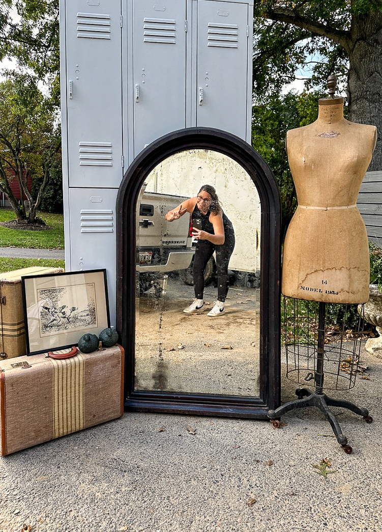 vintage lockers, antique mirror, vintage dress form