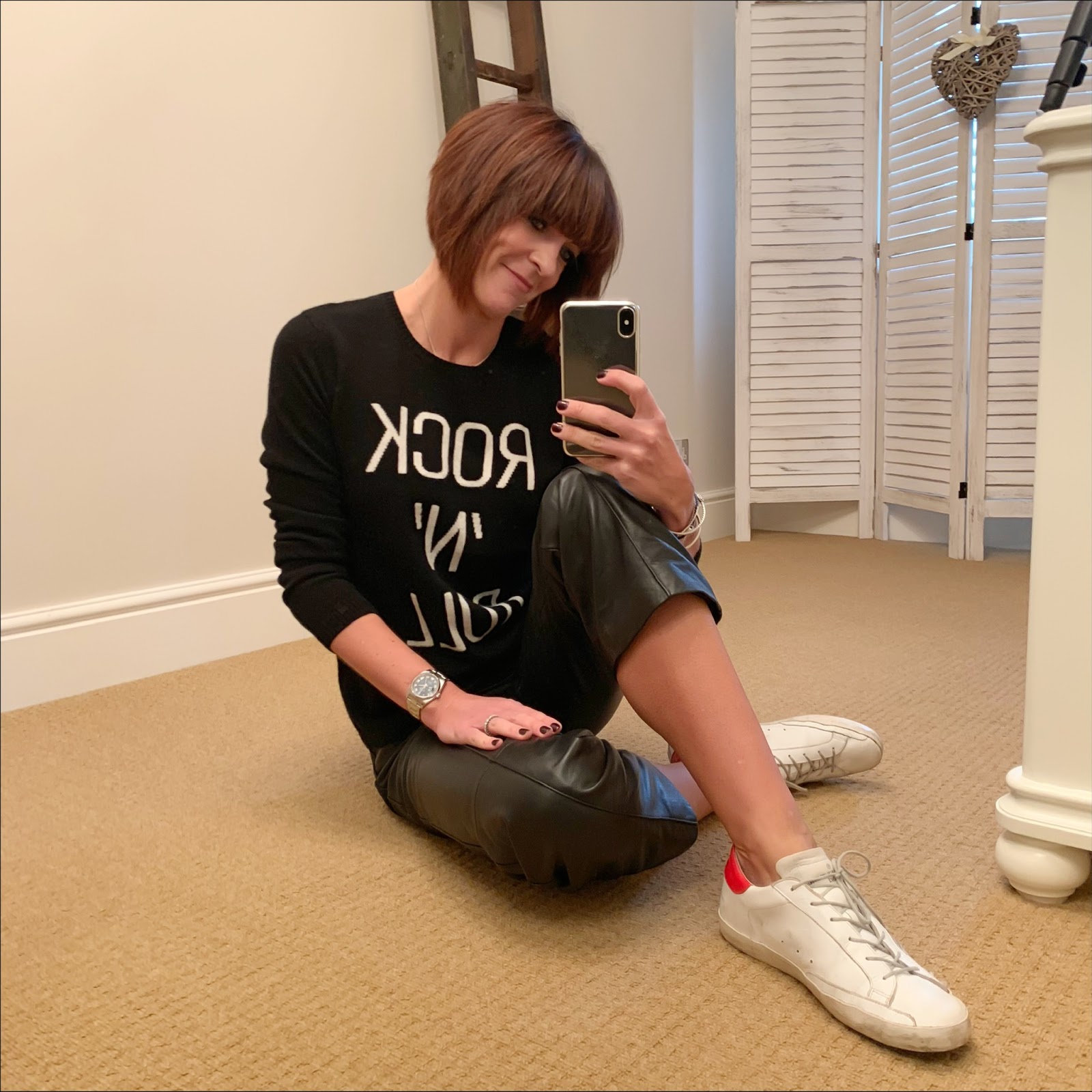my midlife fashion, hush roxie cashmere jumper, marks and spencer straight leg leather trousers, golden goose superstar low top leather trainers