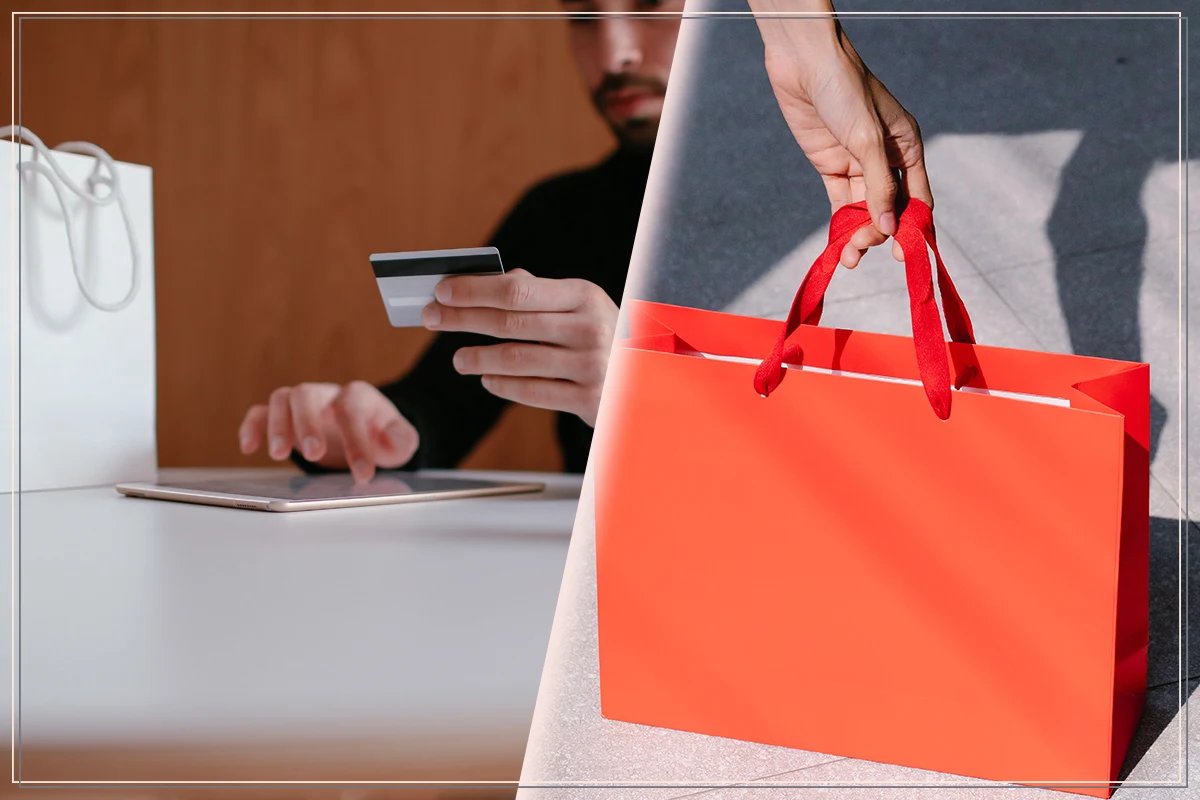 two images: man doing online shopping and woman reaching out to shopping bags