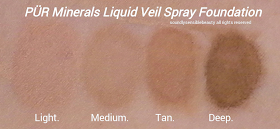 Pur Minerals 4-in-1 Liquid Veil Spray Foundation, Review & Swatches of Shades Light, Medium, Tan, Deep