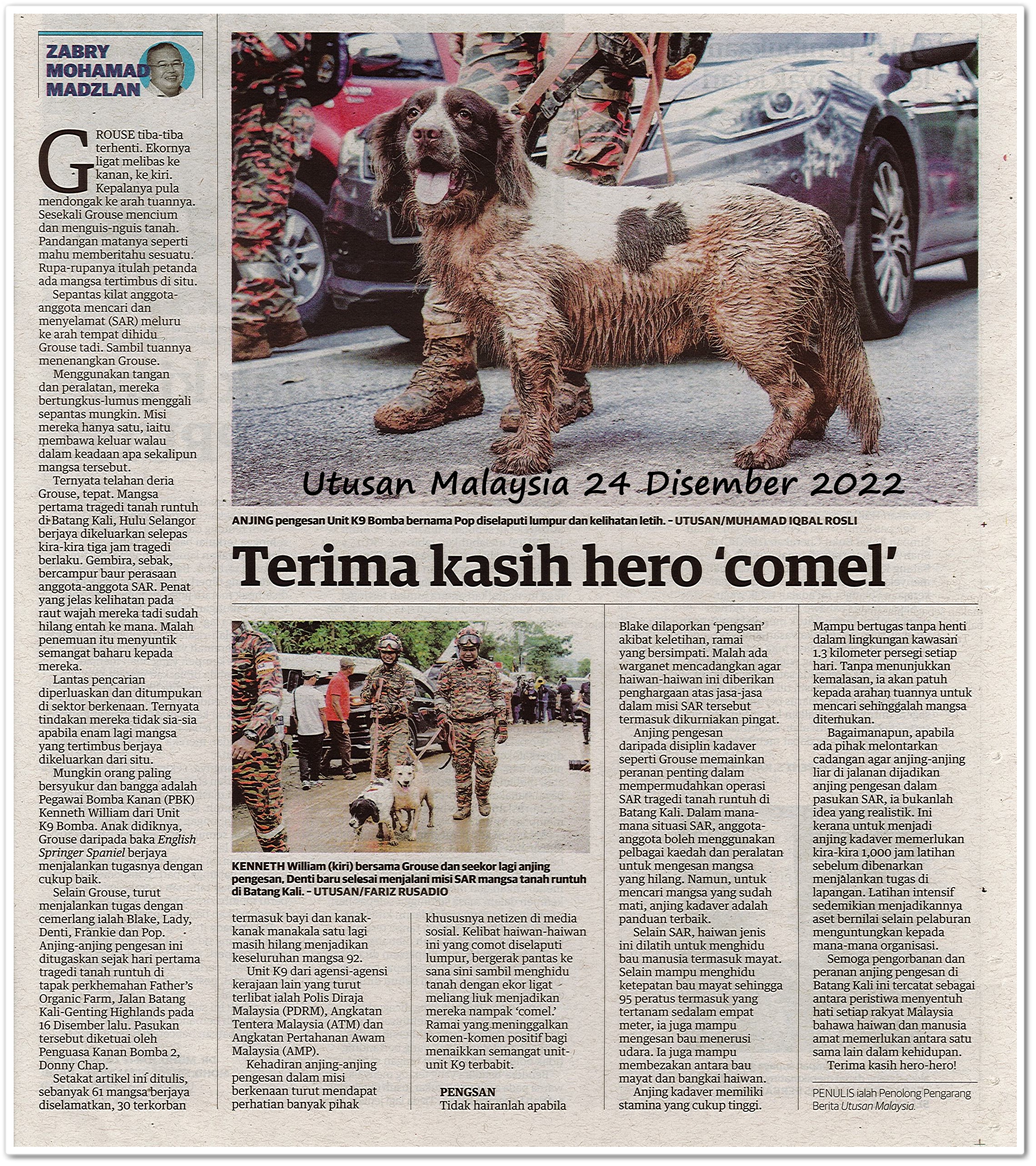 Terima kasih hero 'comel' - Keratan akhbar Utusan Malaysia 24 Disember 2022