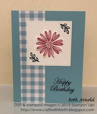 Craft with Beth: Stampin' Up! Happy Birthday Card Plaid Gingham Gala DSP Designer Series Paper Fourth of July 4th of July patriotic Daisy Lane Bundle Medium Daisy Punch Stitched Shapes Framelits Dies