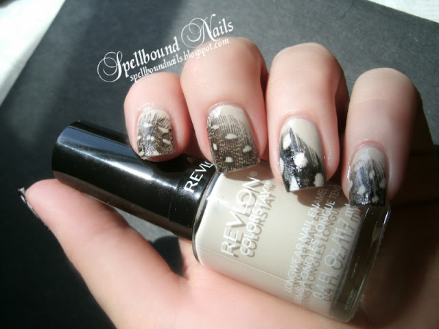 Birds of a Feather nails nail art nailart mani manicure Spellbound feathers neutral beige spots dots