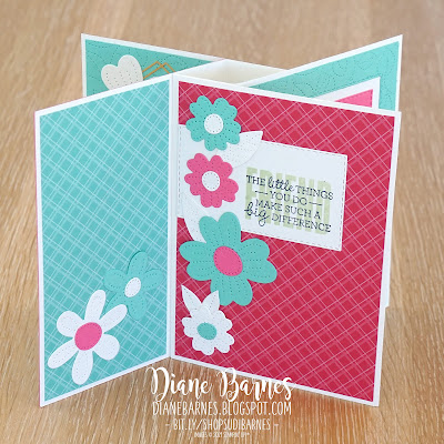 Handmade 3d fancy fold pinwheel tower card. Made by Stampin' Up! supplies: Biggest Wish - Pierced Blooms dies, Tailored Tags dies, Rectangle Stitched Dies,  Stitched Greenery die. Card by Di Barnes - Independent Demonstrator in Sydney Australia - colourmehappy - sydneystamper.