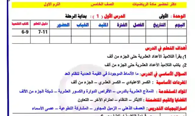 دفتر التحضير الالكترونى فى الرياضيات للصف الخامس الابتدائى الترم الاول 2023