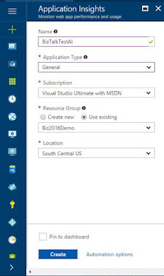 set Application Insights properties and click Create
