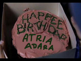 Na zdjęciu jest tort urodzinowy Harry’ego Pottera z filmu „Harry Potter i Kamień Filozoficzny”. Z napisu „Happee Birthdae Harry” usunięto imię, a wpisano „Atria Adara”, nick autorki bloga.