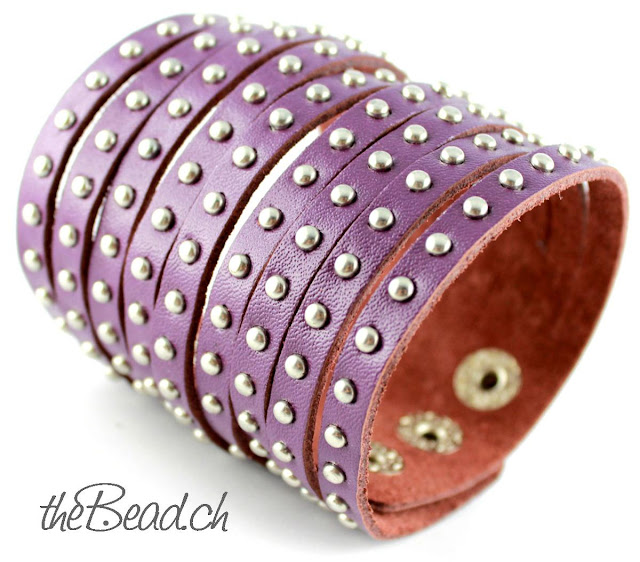 Lederarmband Violett mit Nieten dreifach verstellbar 