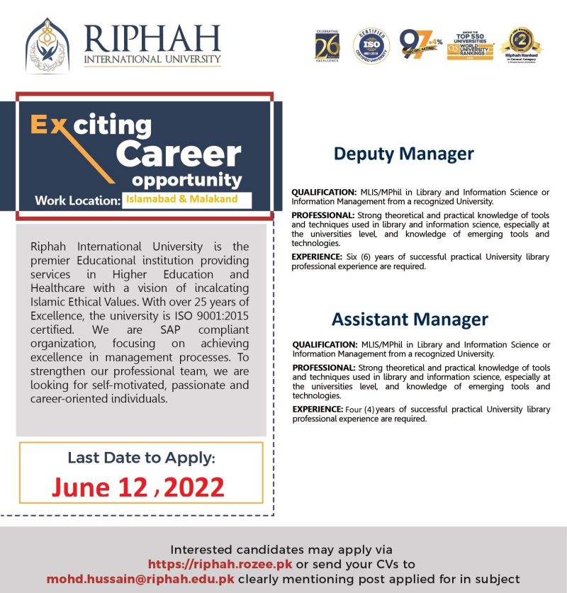 Riphah International University Jobs 2022