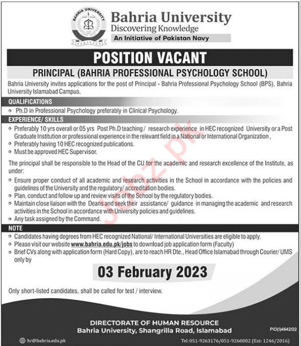 Latest Bahria University Education Posts Islamabad 2023