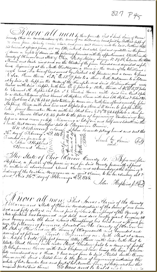 Sarah Irwin of Warren County, Ohio conveys to Matthias Rapp 1846