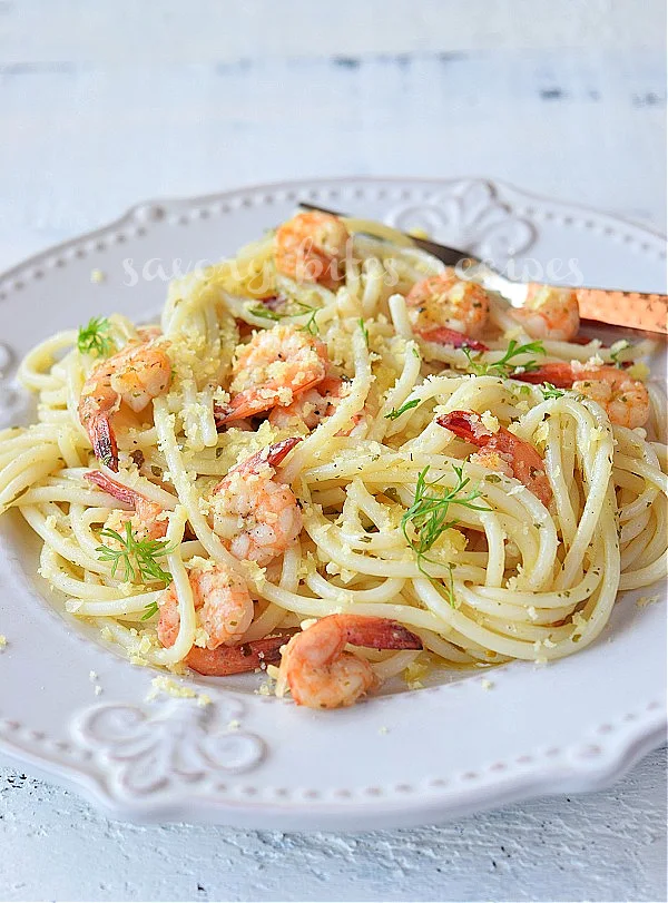 close up of a white plate with best homemade shrimp scampi