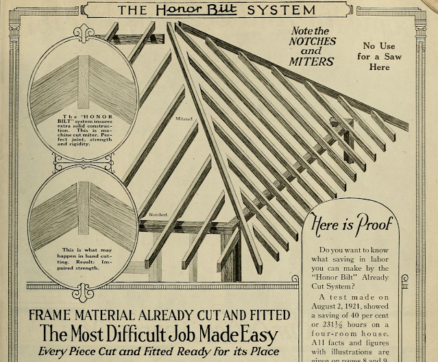 black and white image focusing on mitered joints 1923 Sears Modern Homes catalog page explaining pre-cut system