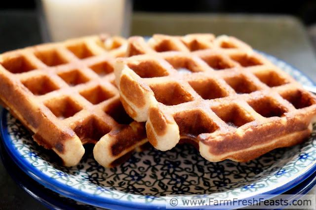 A hearty whole grain waffle flavored with maple syrup and peanut butter. These also have a bonus crunch from crumbled bits of crisply cooked bacon baked right into the waffle.