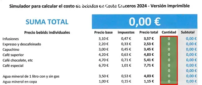 Simulador coste de bebidas en Costa Cruceros