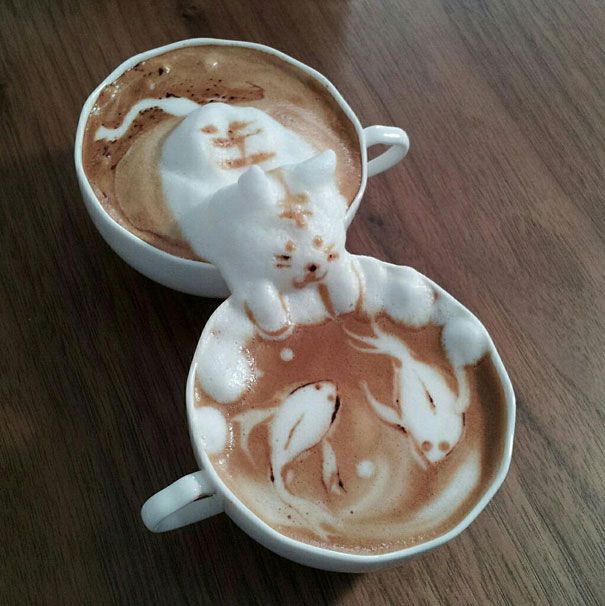 amazing, incredible, 3d art, coffee art, coffee foam art, japanese artist, kazuki yamamoto, cute art, 