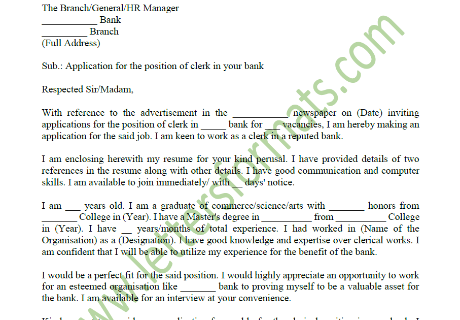 Sample Job Application Letter for the Post of Clerk in Bank