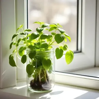 Fresh basil growing in a mason jar on sunny windowsill