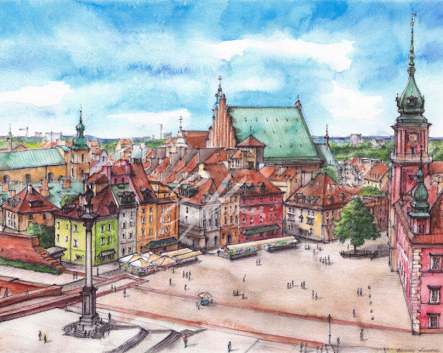 Watercolor showing an aerial view of Castle Square in Warsaw, Poland