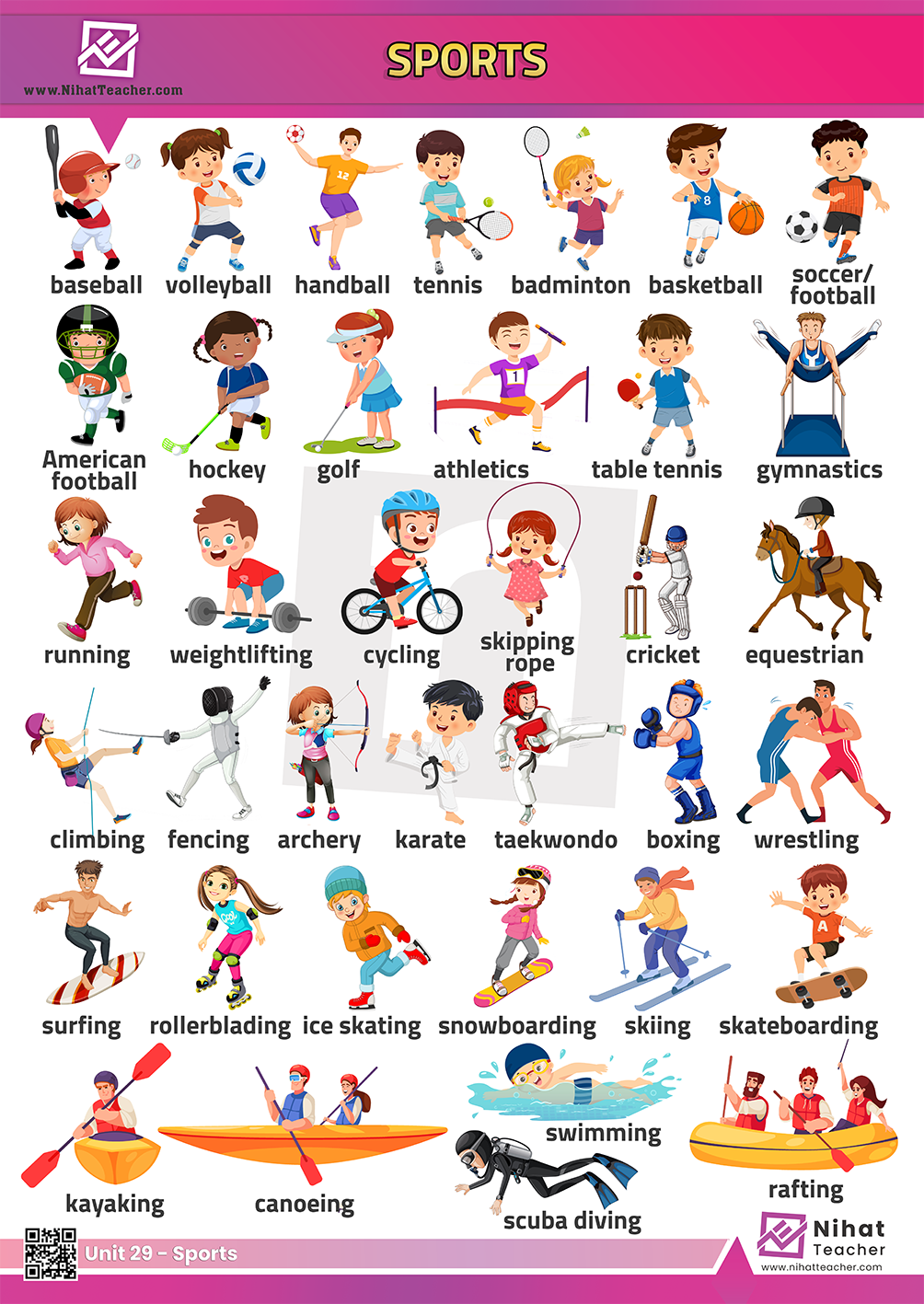 Unit 29 - Sports Poster - Free English learning and teaching resources -  Free PDF worksheets and multiple choice tests.