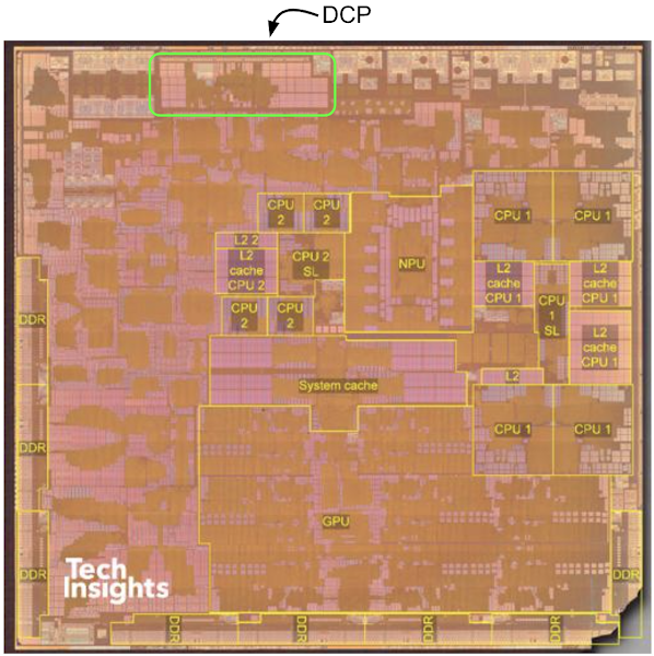 M1 die-shot from techinsights.com with possible location of DCP highlighted.