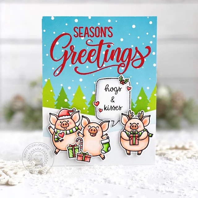 Sunny Studio Stamps: Hogs & Kisses Santa Claus Lane Season's Greetings Winter Holiday Themed Card by Leanne West