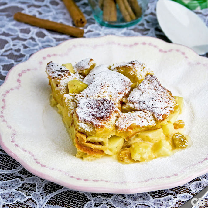 Recept Feestelijke briochepudding met appeltjes en rozijnen