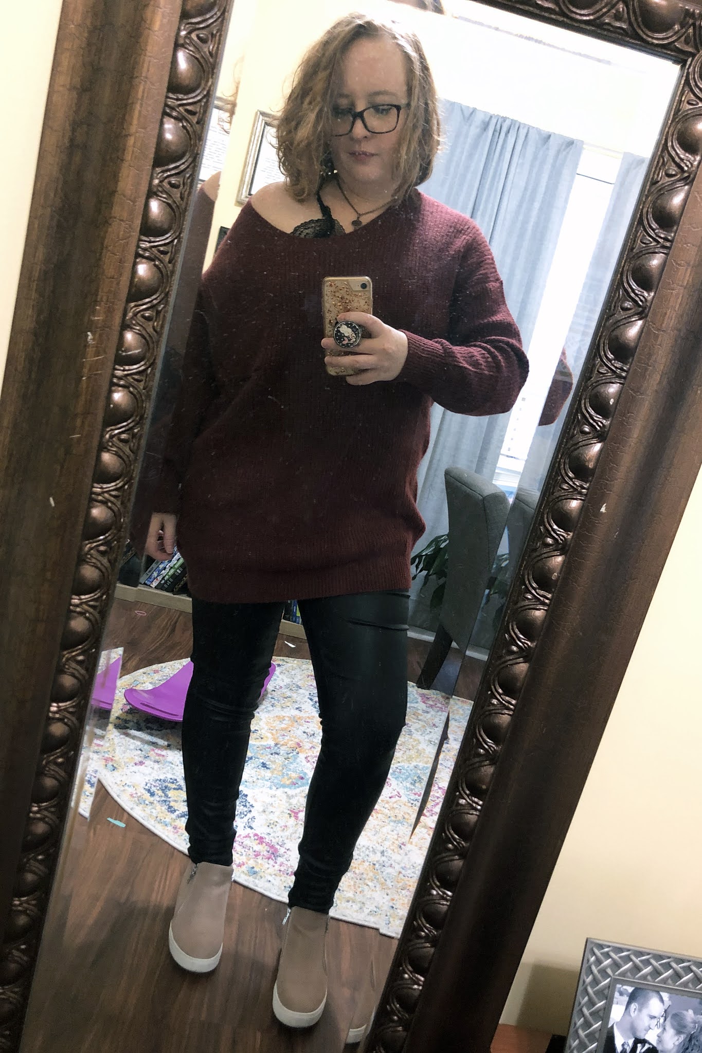 slouchy burgundy sweater leather pants
