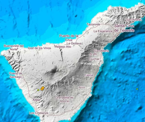 Epicentros de los dos terremotos registrados en la madrugada del 6 de noviembre en Vilaflor, Tenerife