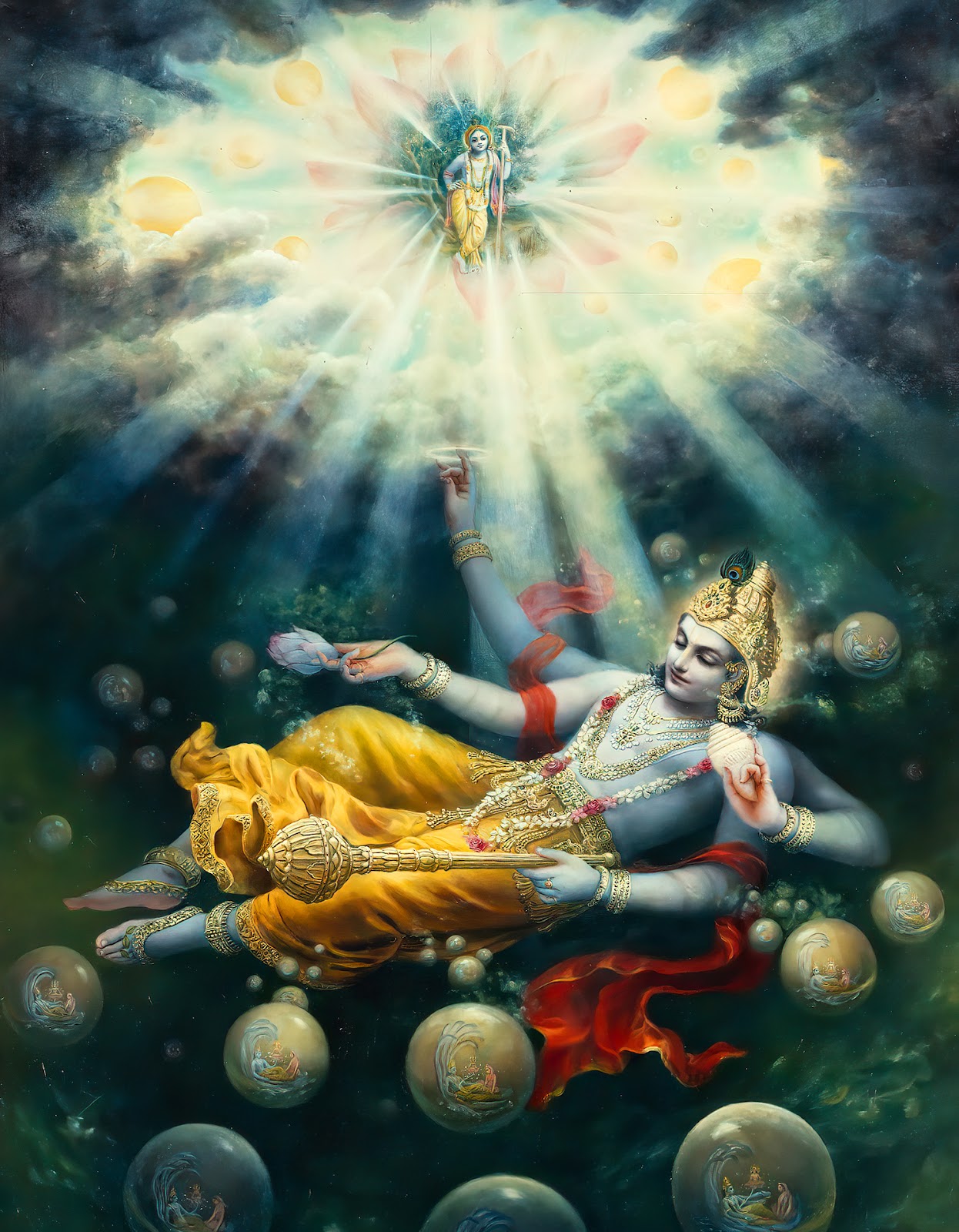 Lord Krishna, in His expansion as Vishnu, causing the birth of the Universe at the time of Creation