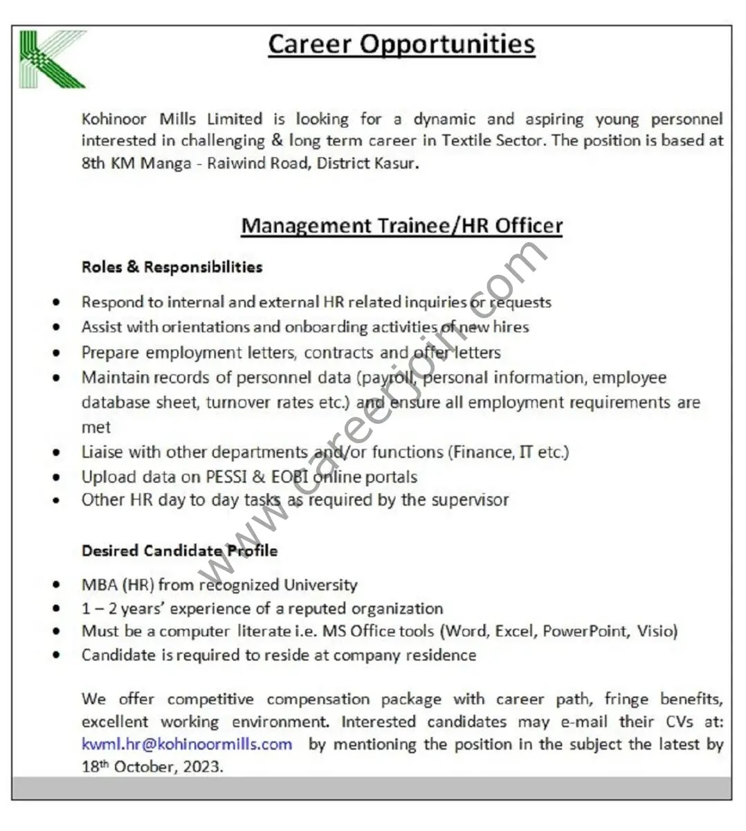 Jobs in Kohinoor Mills Limited